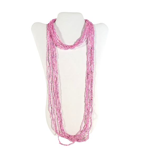 48" Long Pink Seed Bead Necklace Boho Multistrand India Handmade Jewelry NEW - Picture 8 of 9